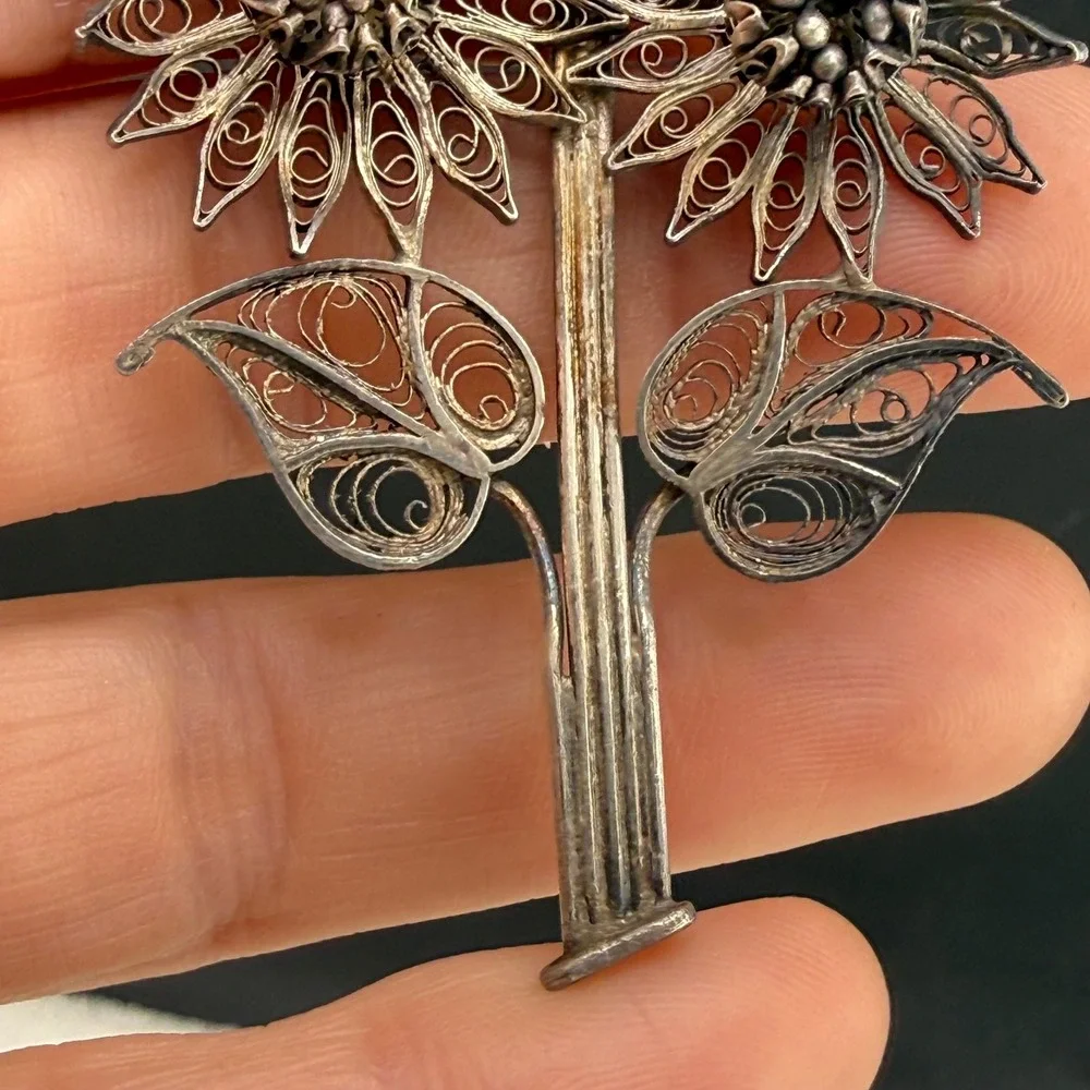 Vintage Spun Silver Brooch Silver Tone Filigree Sunflower Calla Lily Floral